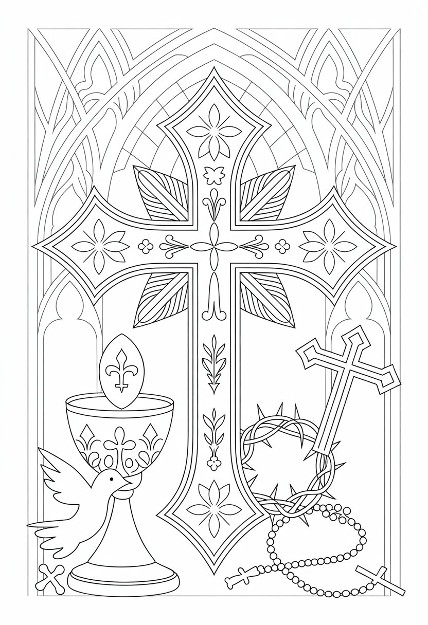 Gothic Coloring Pages for Adults: Top 20 Designs to Download as PDF and Png Files. 37 An ornate Gothic cross surrounded by religious symbols including a chalice, dove, crown of thorns, and rosary, with decorative arches and stained glass window outlines in the background.